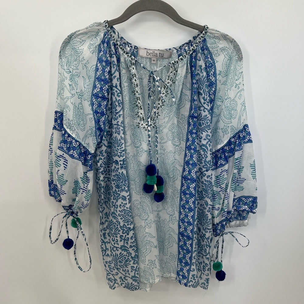 Bella tu blue and white peasant blouse